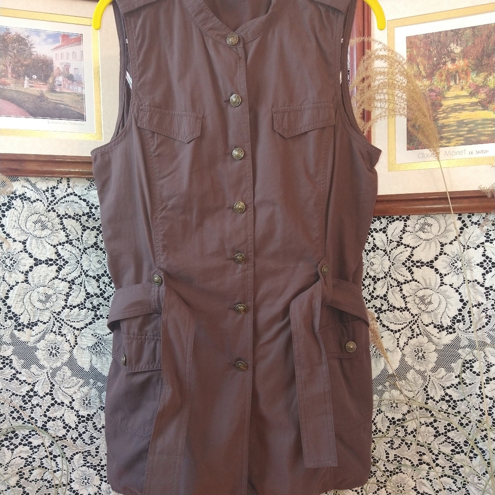 Motto brown military style long vest belted button down sleeveless has pockets